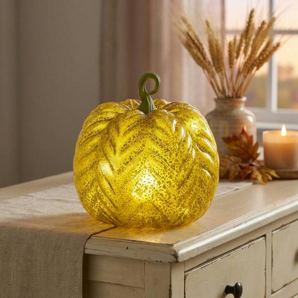 Garden Greatness Olive Glass Pumpkin Autumn Table Light
