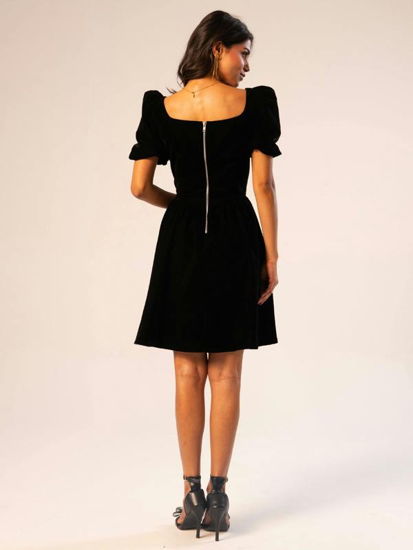 Rose & Nancy Jolene Black Hand Embellished Square Neck Velvet Mini Dress