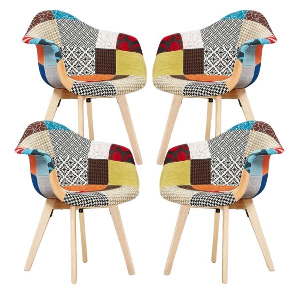 Life Interiors Set of 4 Patchwork Multicolor Fabaric Upholstered Accent Chairs with Wooden Legs, Mid-Century Modern Armchair