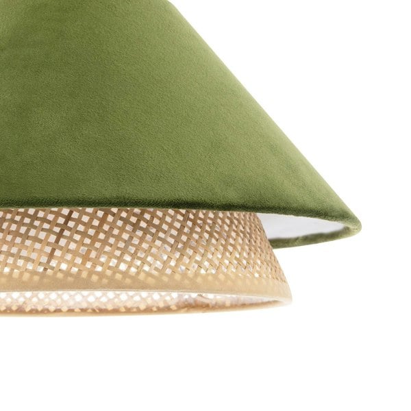 Designer Dark Olive Velvet and Natural Rattan Pendant Lighting Shade Image 3