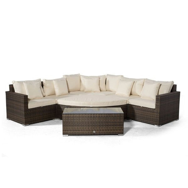 Giardino Santorini L Shape Modular 5 Seat Rattan Corner Sofa Set With Daybed Ottoman & Coffee Table