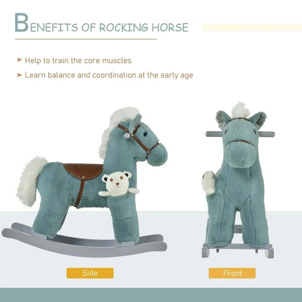Blue plush rocking horse toy with brown saddle and white bear plush buddy
