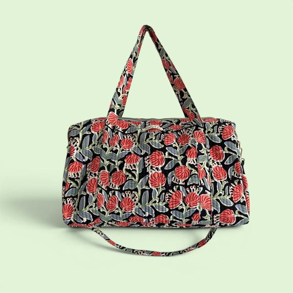Hayley & Co Weekend Duffle Bag | Black and Red Block Print Floral with Long Strap