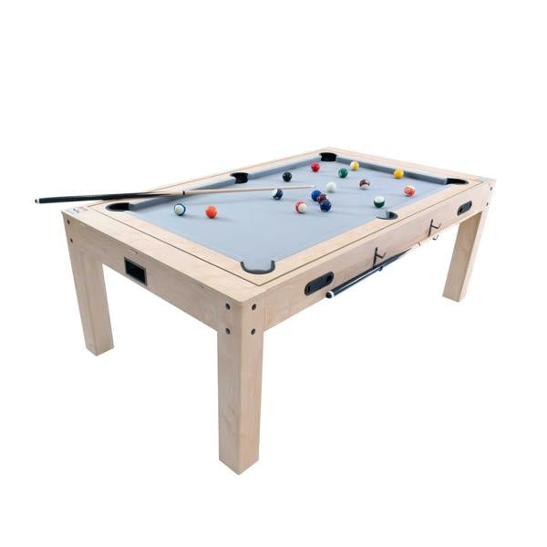 7-in-1 games table and storage bench in oak, featuring a sleek design with a felt playing surface and colorful billiard balls
