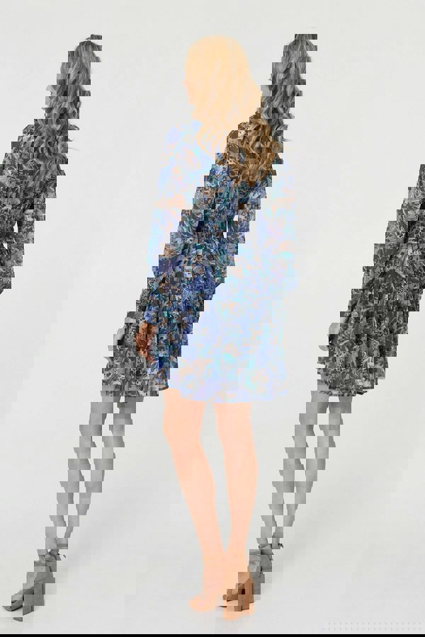 Blue | Printed Long Sleeve Pleated Short Dress
