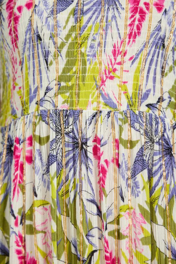 Mudflower Leaf Print Shirred Bodice Midi Dress