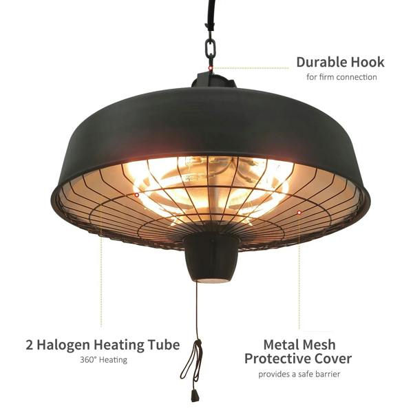Black infrared patio heater with metal mesh protective cover and 2 halogen heating tubes