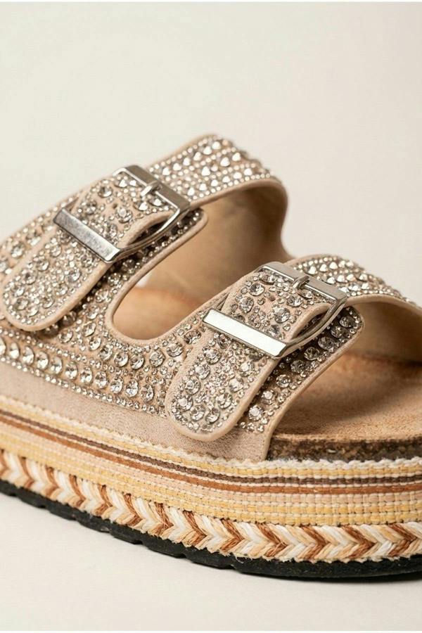 Aria Womens Rhinestone Buckle Platform Sandals - BEIGE