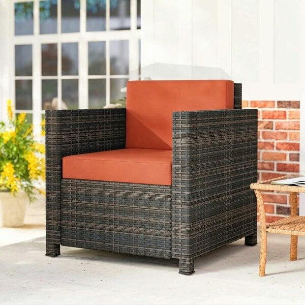 PE Rattan Garden Armchair with Cushion - Mixed Brown/Orange