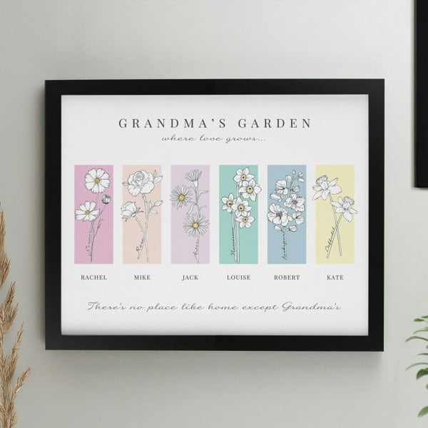 Personalised Memento Company Personalised Birth Flower Family of 6 Black Framed Print