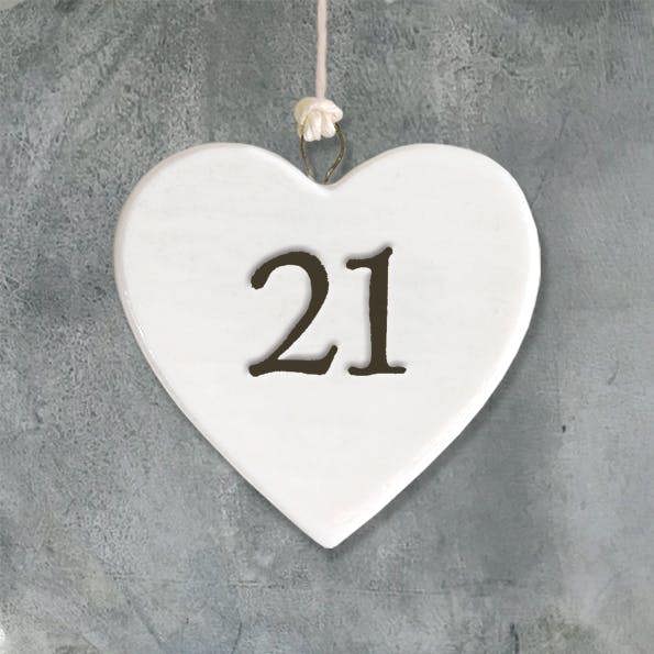 Mini Porcelain Hanging Heart – “21” Birthday Keepsake Elegant Milestone Gift
