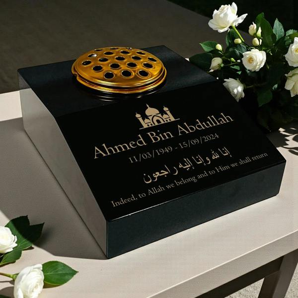 Memorials Direct Black Granite Sloping Memorial Desk with Vase – Islamic Design 2, Free Gold Engraving