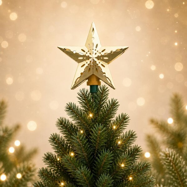 Outdoor Living Gold Star Tree Topper — Cut-Out Snowflake Design, Celestial Glow Rotating Star with Remote Control