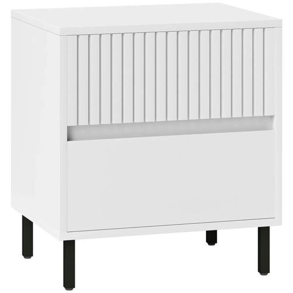 White bedside table with two drawers, vertical line indented panel design.