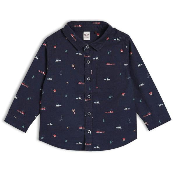 Baby Boys Train Printed Shirt, Navy Blue - Minicuddles