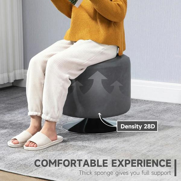 Grey round PU ottoman footstool with thick cushioned seat and swivel base