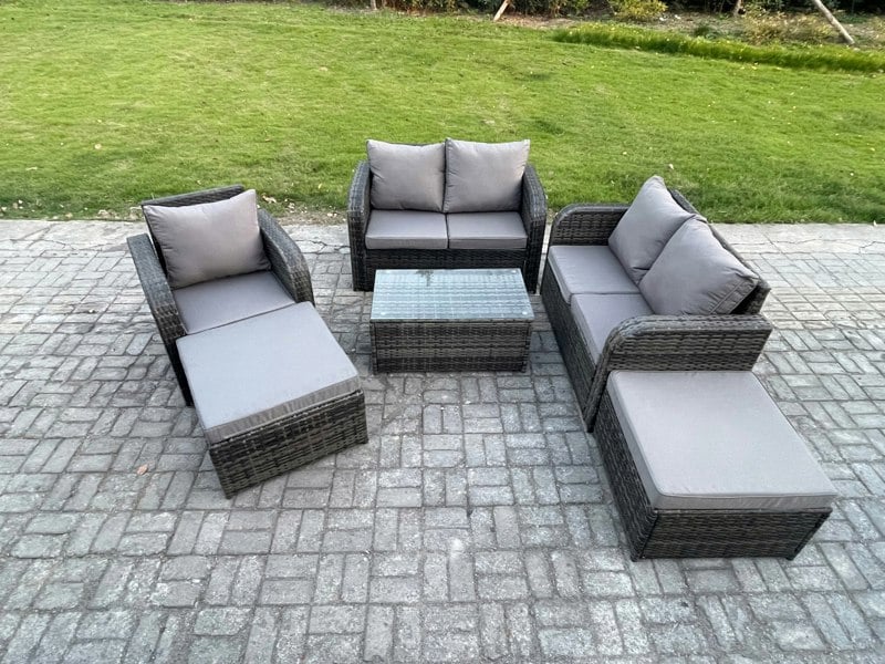 Fimous 7 Seater Garden Furniture Set Rattan Outdoor Lounge Sofa Chair With Tempered Glass Table 2 Big Footstool Dark Grey Mixed