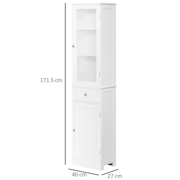 White tall slim bathroom cabinet with top door, drawer, and lower cabinet door