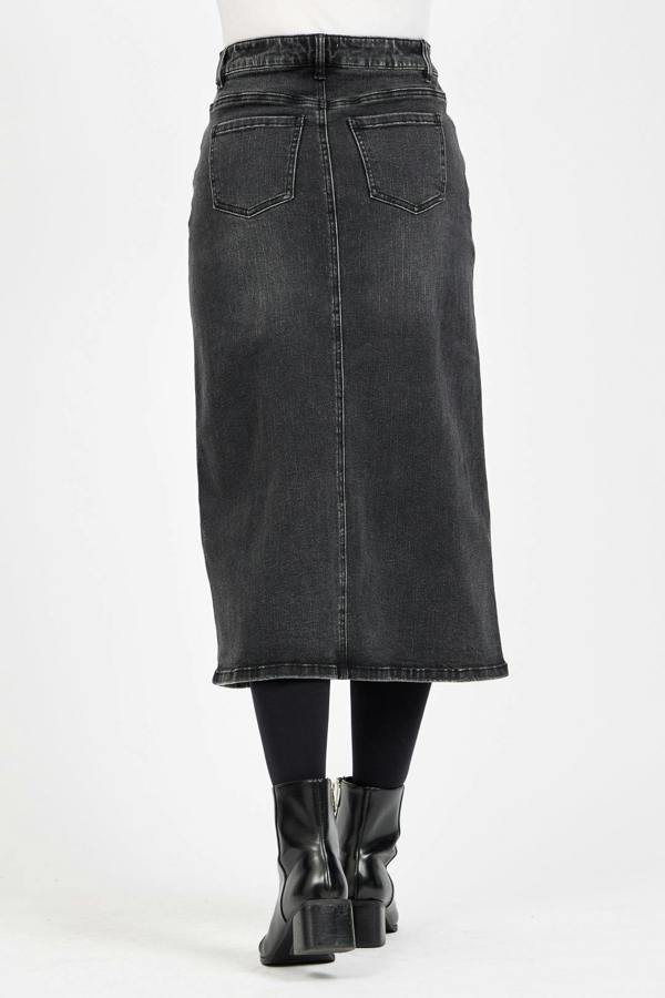 Mudflower Embroidered Floral Washed Black Denim Midi Skirt