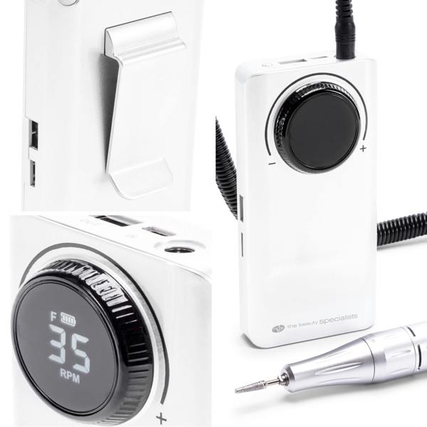 Montage of electric nail filer, ideal for finger and toe nails, digital display screen and belt clip attachment on rear of the motorized nail file.