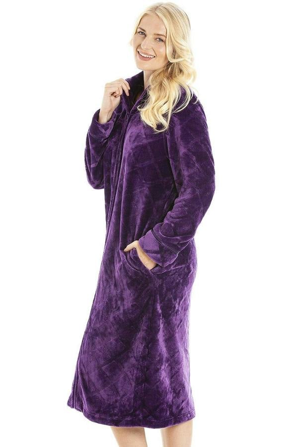 Camille Women's Housecoat Fleece Zip Robe with Inseam Pockets