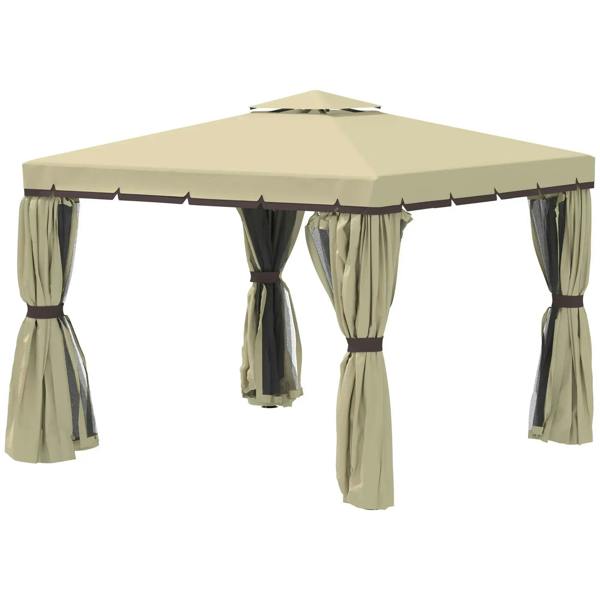 Beige patio gazebo canopy with tied curtains on all sides and open entry