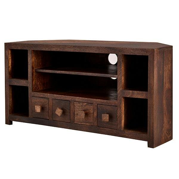Wyld Haus Phuket Dark Mango Wood Corner TV Unit 4 Drawers 6 Shelves