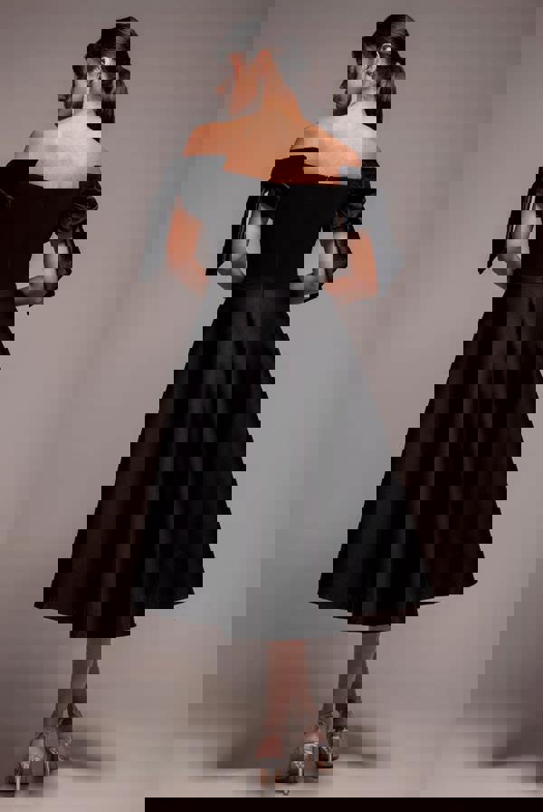 Scuba Off The Shoulder Velvet Bow Skater Midi Dress - Black DR4935