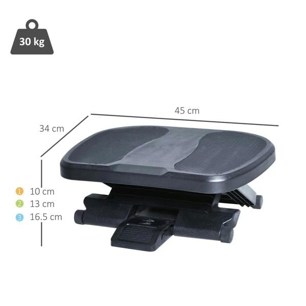 Black under-desk footrest with height-adjust base and textured standing platform.