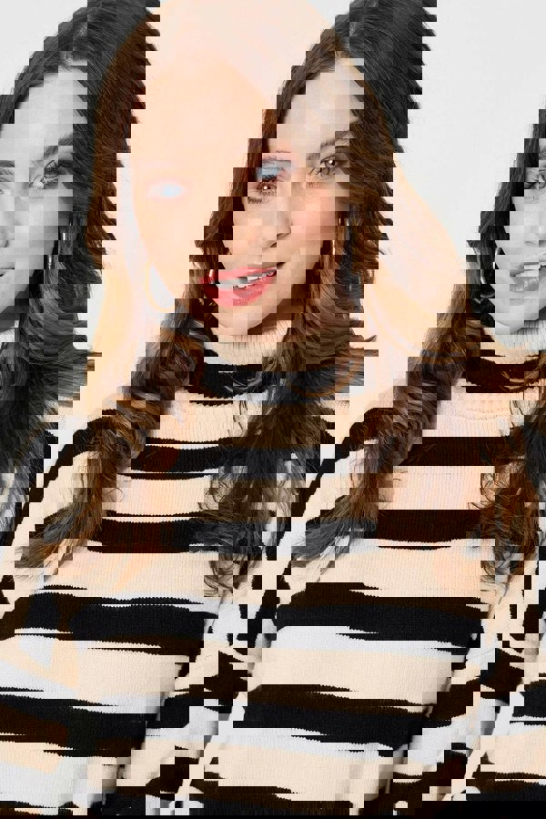 Beige | Striped Relaxed Roll Neck Jumper
