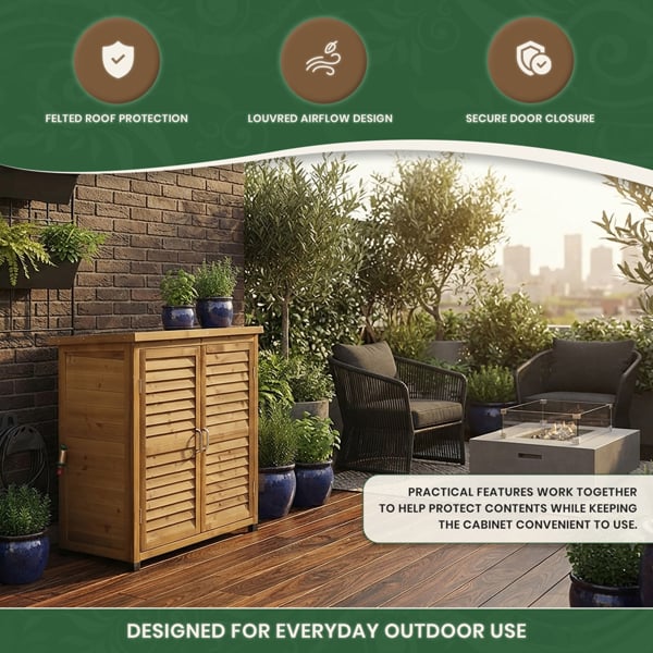 Wooden Tool Shed Storage Cabinet Natural, Outdoor Garden Storage with Felted Roof, Louvred Double Doors, 3 Shelves