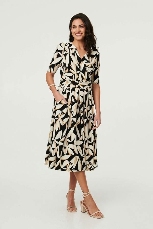 Black | Leaf Print 1/2 Sleeve Wrap Midi Dress