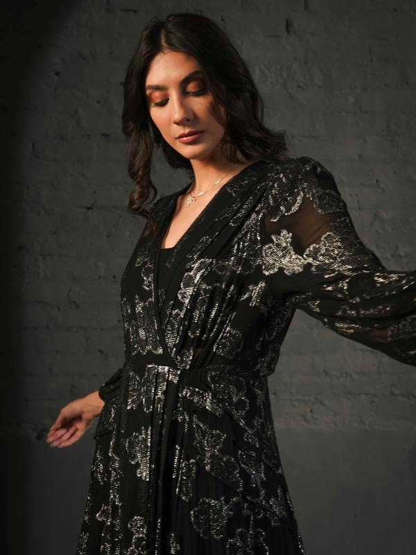 Rose & Nancy Dahlia Black Silver Midi Dress