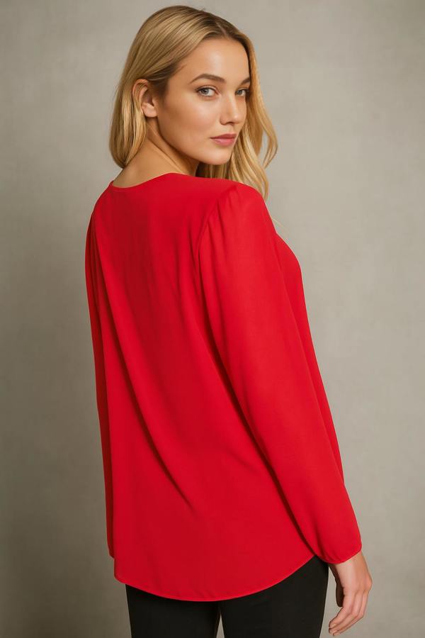 Hoxton Gal Oversized Long Sleeves Pleated Top with Tulle Details in Red with Necklace
