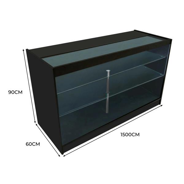 LED retail shop counter K1500 in sleek black, featuring glass shelves, modern design, and dimensions of 150cm x 60cm x 90cm