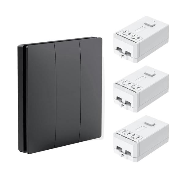 ENER-J Wireless Kinetic 3 Gang Switch ECO SERIES (Black body) with 3 Non Dimmable 5A RF Receivers. No Wiring, No Batteries, No Drilling Holes