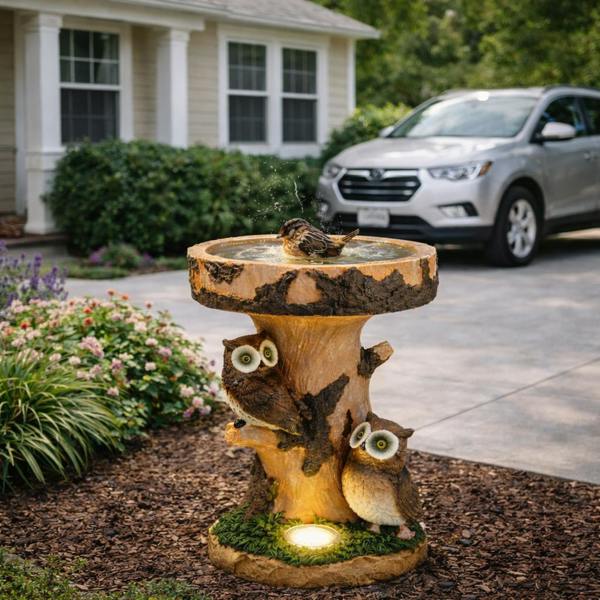 Gardenwize Solar Bird Bath – Owl Garden Ornament with LED Light