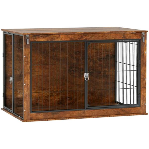 Rustic brown dog crate furniture with two metal-bar doors and side latch