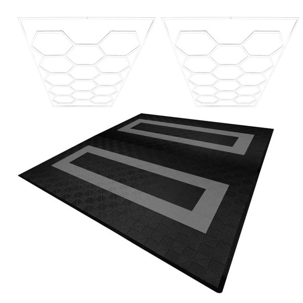 Monstershop Hexagon LED Lights x 2 & Vented Garage Floor Tiles With Edges - 165 Black & 60 Grey