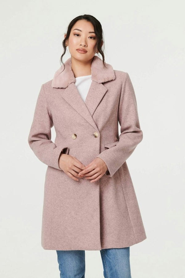 Pink | Fur Trim Double Breasted Longline Coat
