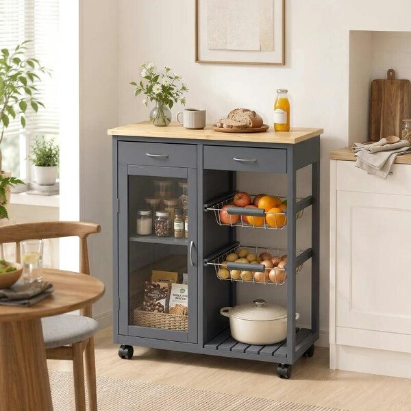 Bamboo Kitchen Island, Rolling Kitchen Trolley with Glass Door, 2 Metal Wire Baskets and Adjustable Shelf, Grey - Grey