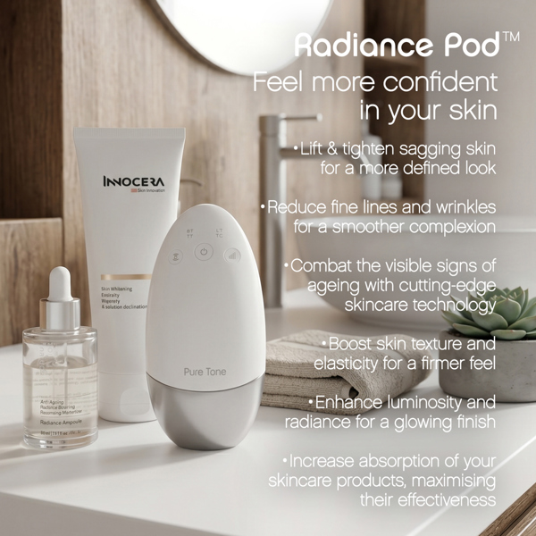 Radiance Pod™ displayed with Conductor Gel and Radiance Anti-Ageing Serum in a bathroom setting, with text explaining skin lifting, fine line reduction, improved texture, radiance and skincare absorption benefits.
