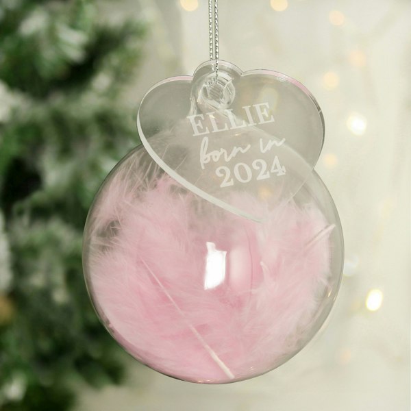 Personalised Memento Company Personalised Born In Pink Feather Glass Bauble With Heart Tag
