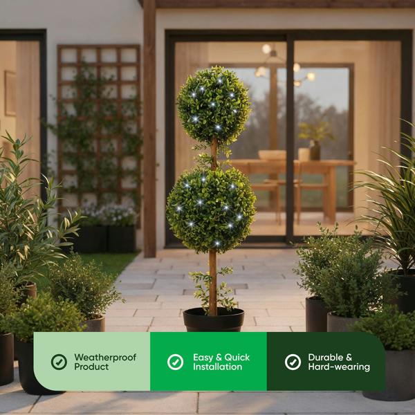 Gardenwize Solar Faux Plant – Double Bay Ball Tree in Pot with 100 LED Lights
