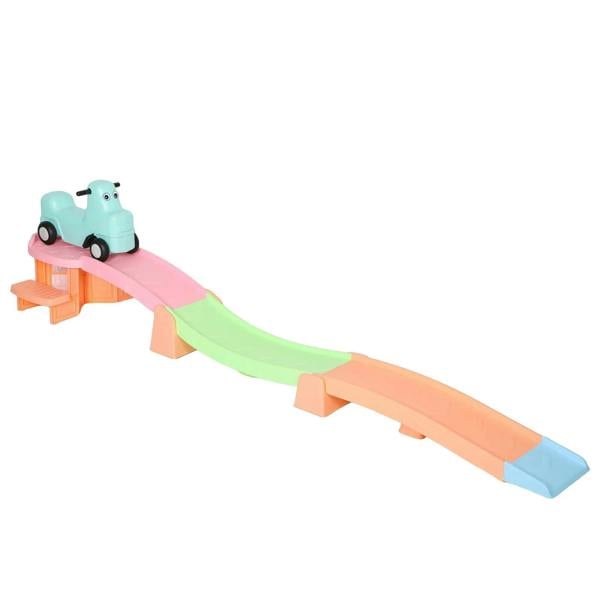 Orange kids roller coaster track set with non-slip steps and toy ride-on car
