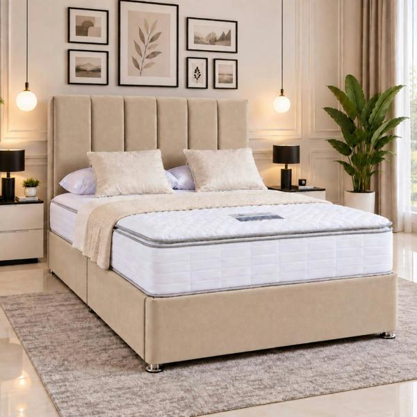 Paradise Beds Velmora Premium Upholstered Bed Frame with Tall Headboard and Mattress