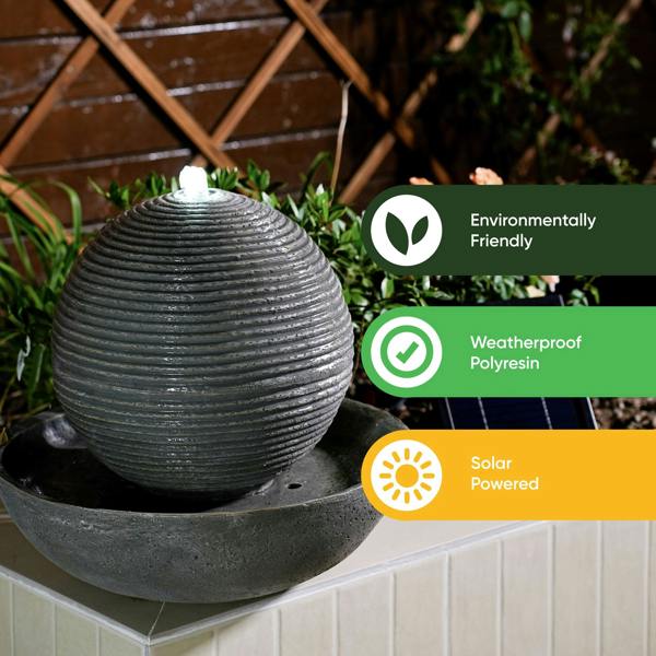 Gardenwize Solar Powered Ribbed Sphere Water Feature with LED Light & Battery Backup – Garden Fountain for Patio, Decking, Balconies & Outdoor Spaces