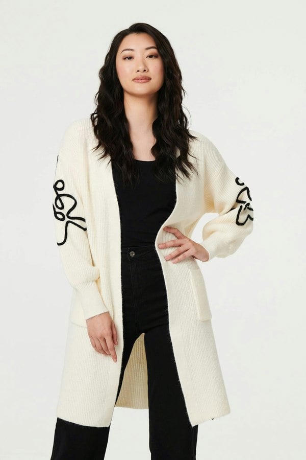 Cream | Floral Trim Detail Longline Cardigan

