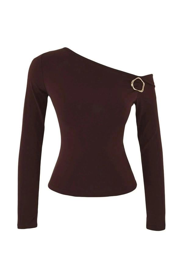 WOVCOR Asymmetric Collar Knit Blouse with Accessory Detail
