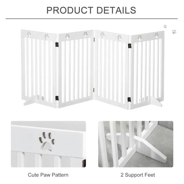 White foldable wooden pet gate with paw pattern panels and corner hinge sections